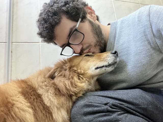 Delinha pedindo carinho, enquanto eu dou um beijo na cabeça dela.