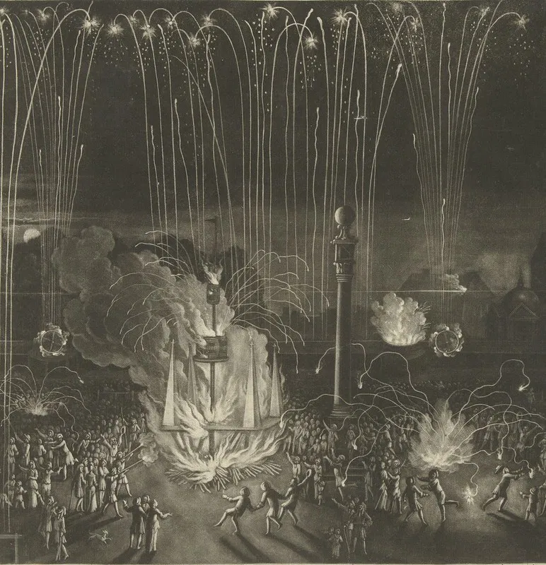 Detalhe de “Fogos de artifício no Jardim do Convento” (1690), por Bernard Lens II.