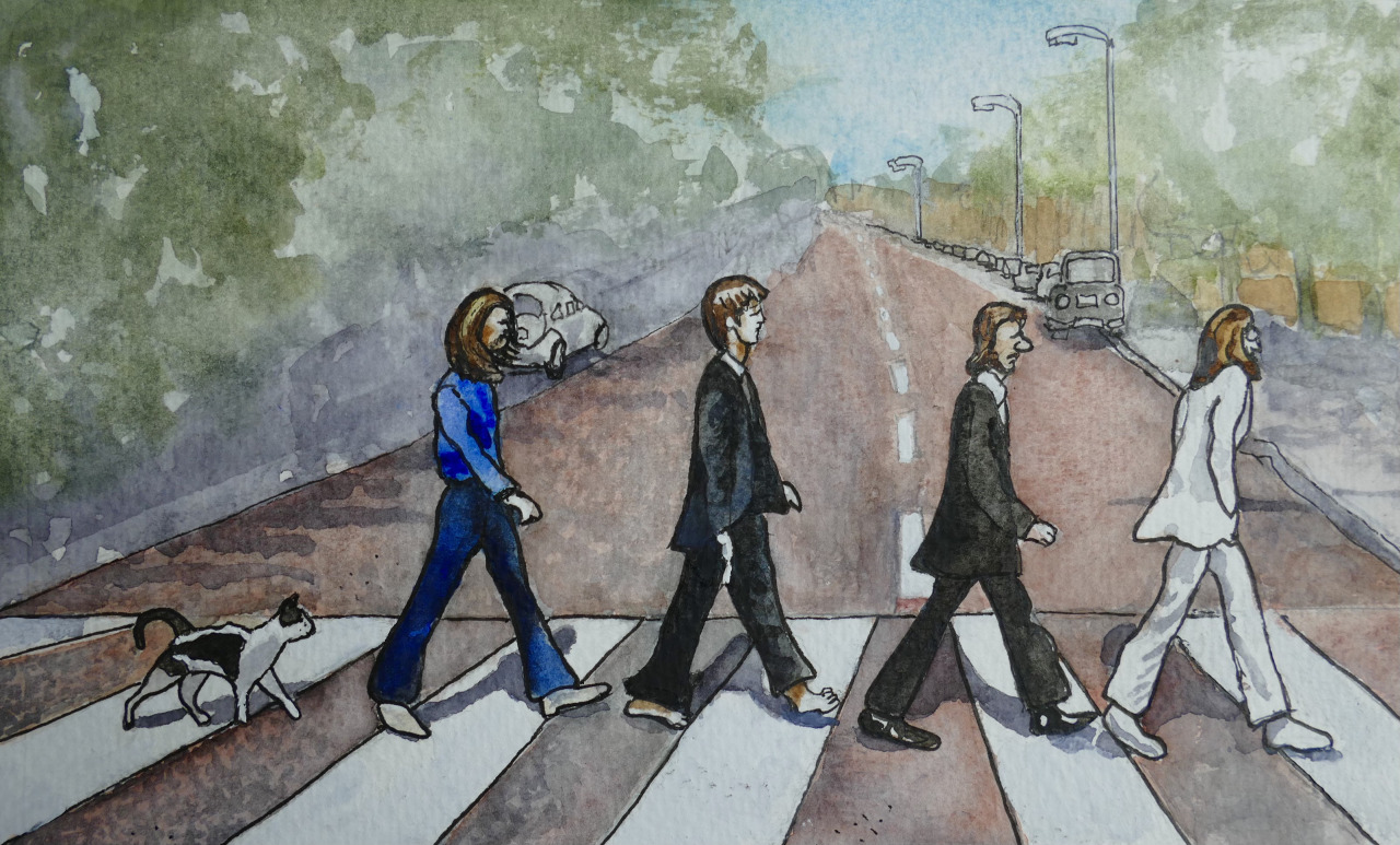 A gata Bridget atravessando a Abbey Road junto aos Beatles.