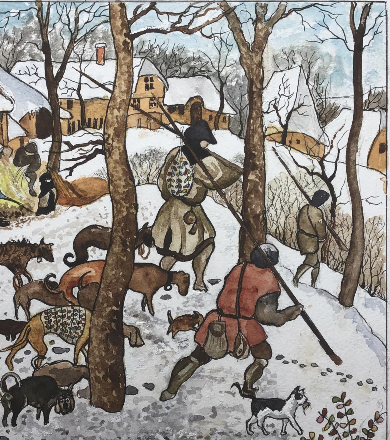 Detalhe da pintura “Os Cacadores na Neve” com uma gatinha branca com pintas pretas no canto, carregando um rato na boca.