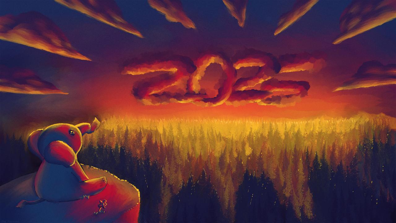 Ilustração por Raul (@raulranma): um elefante está sentadinho, olhando o pôr-do-sol. As nuvens formam "2025"