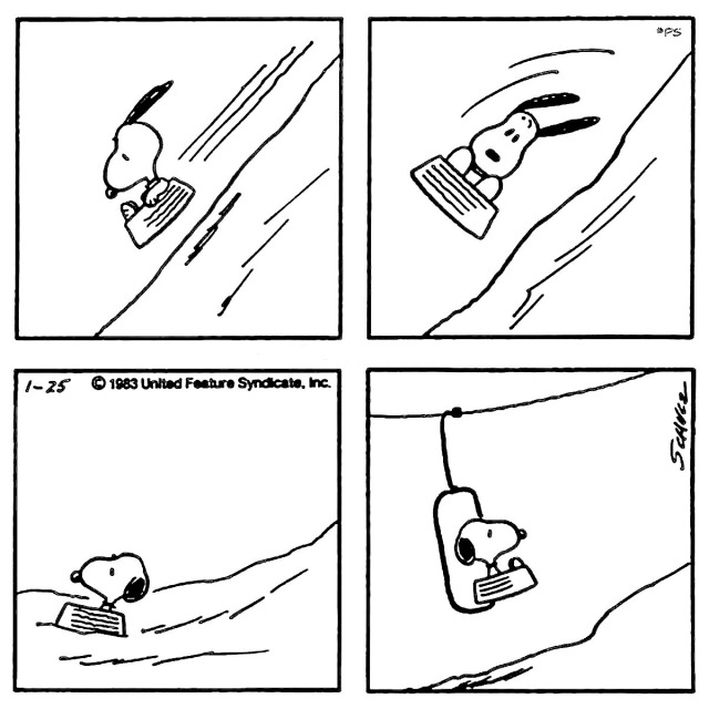 Tirinha do Snoopy: ele desliza montanha abaixo de trenó, capota no ar, cai de cara na neve e sobe a montanha de novo num teleférico com seu trenó.