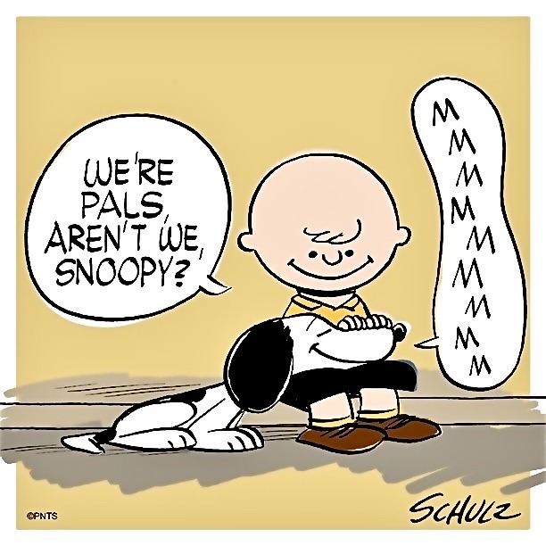 Ilustração colorida do Charlie Brown sentado no chão, abraçando Snoopy pelo pescoço com carinho. Ele pergunta, em um balão de fala: 'We're pals, aren't we, Snoopy?' ('Somos amigos, não somos, Snoopy?'). Num balão à direita, Snoopy responde apenas com uma sequência de 'M's, sugerindo um resmungo satisfeito.