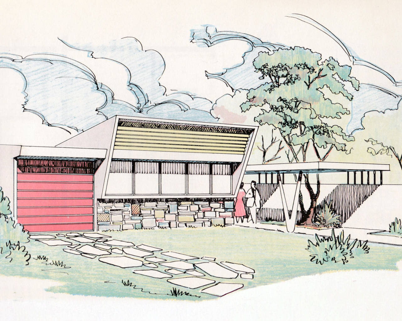 Ilustração de casa modernista térrea com garagem de porta rosa, telhado inclinado com ripas de madeira e base em pedra irregular. Caminho de lajotas até a entrada, onde duas pessoas conversam sob uma marquise sustentada por pilar em V, com árvore grande ao lado.