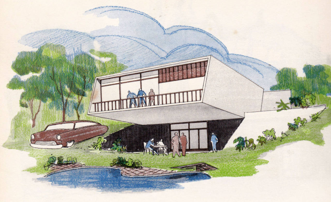 Ilustração de casa modernista com segundo andar em balanço sobre pilotis, fachada de vidro e brises de madeira. Três pessoas na varanda superior, outras no pátio e à porta térrea. Carro antigo à esquerda, piscina em primeiro plano, mata ao fundo sob céu estilizado em azul.