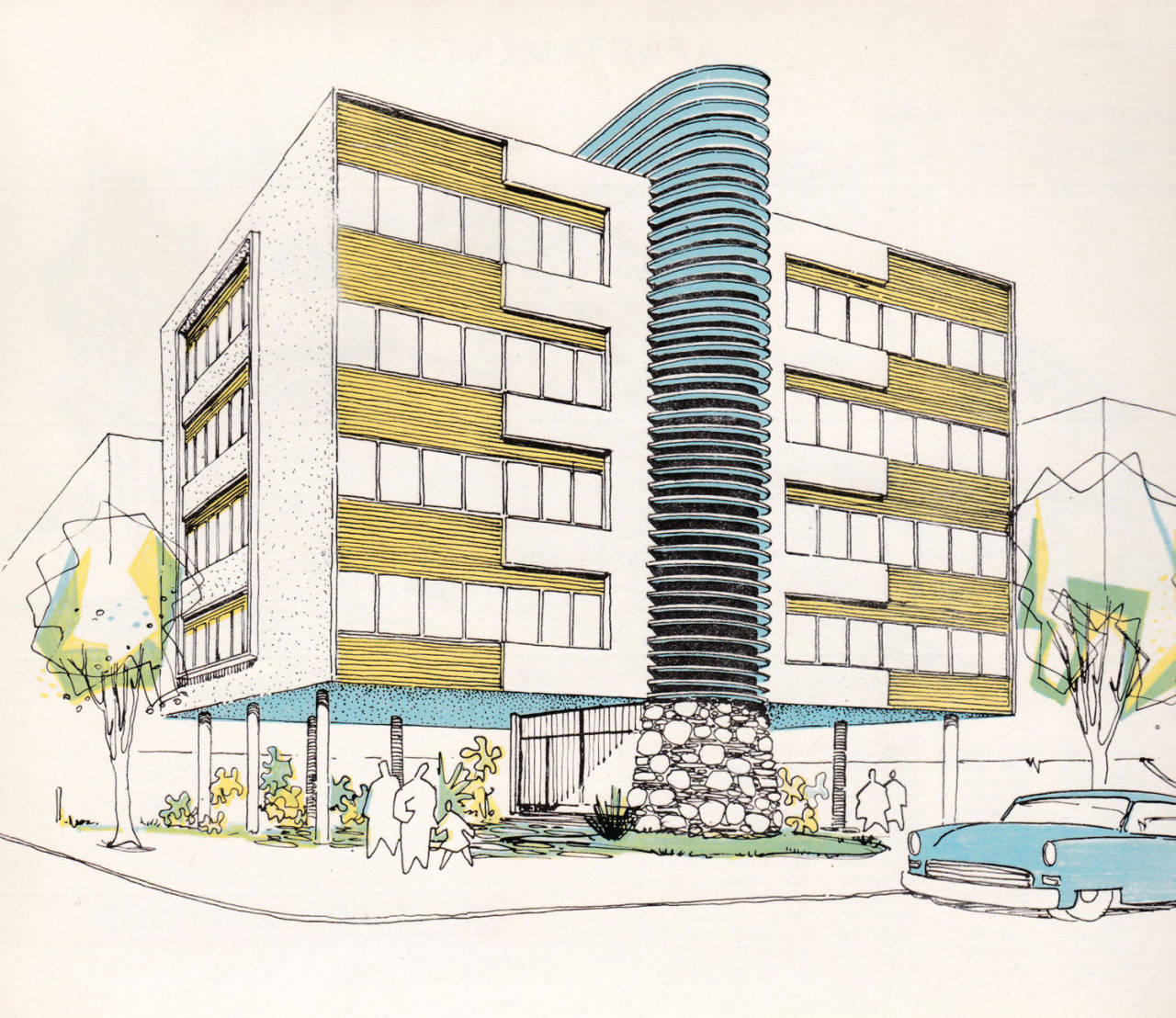 Ilustração de prédio modernista de múltiplos andares com fachada em faixas horizontais amarelas e brancas, sustentado por pilotis sobre base de pedra. Torre cilíndrica azul com nervuras verticais ao centro abriga a escada. Carro azul antigo estacionado à direita, pessoas caminhando na entrada.