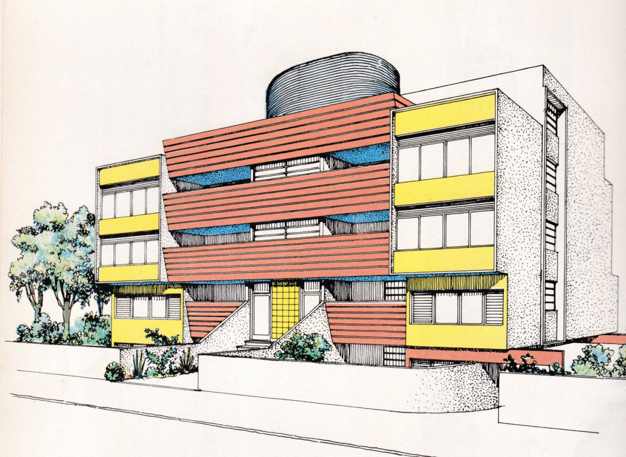 Ilustração de prédio modernista de três andares com faixas horizontais coral e painéis amarelos nas laterais, caixa d'água cilíndrica no topo. Duas escadarias triangulares levam a portas de entrada distintas no térreo, com arbustos e árvore pequena à esquerda.